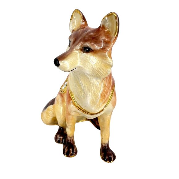 Red Fox Jeweled Enamel Trinket Box Rhinestones Gold Accents - Picture 2 of 11